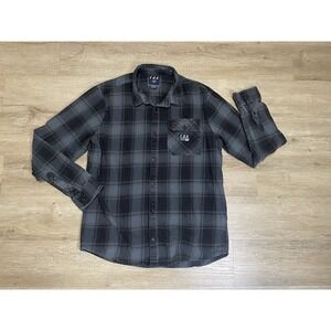 Fox Racing Plaid Mens Sz L Flannel Gray Plaid Button Long Sleeve Shirt Large